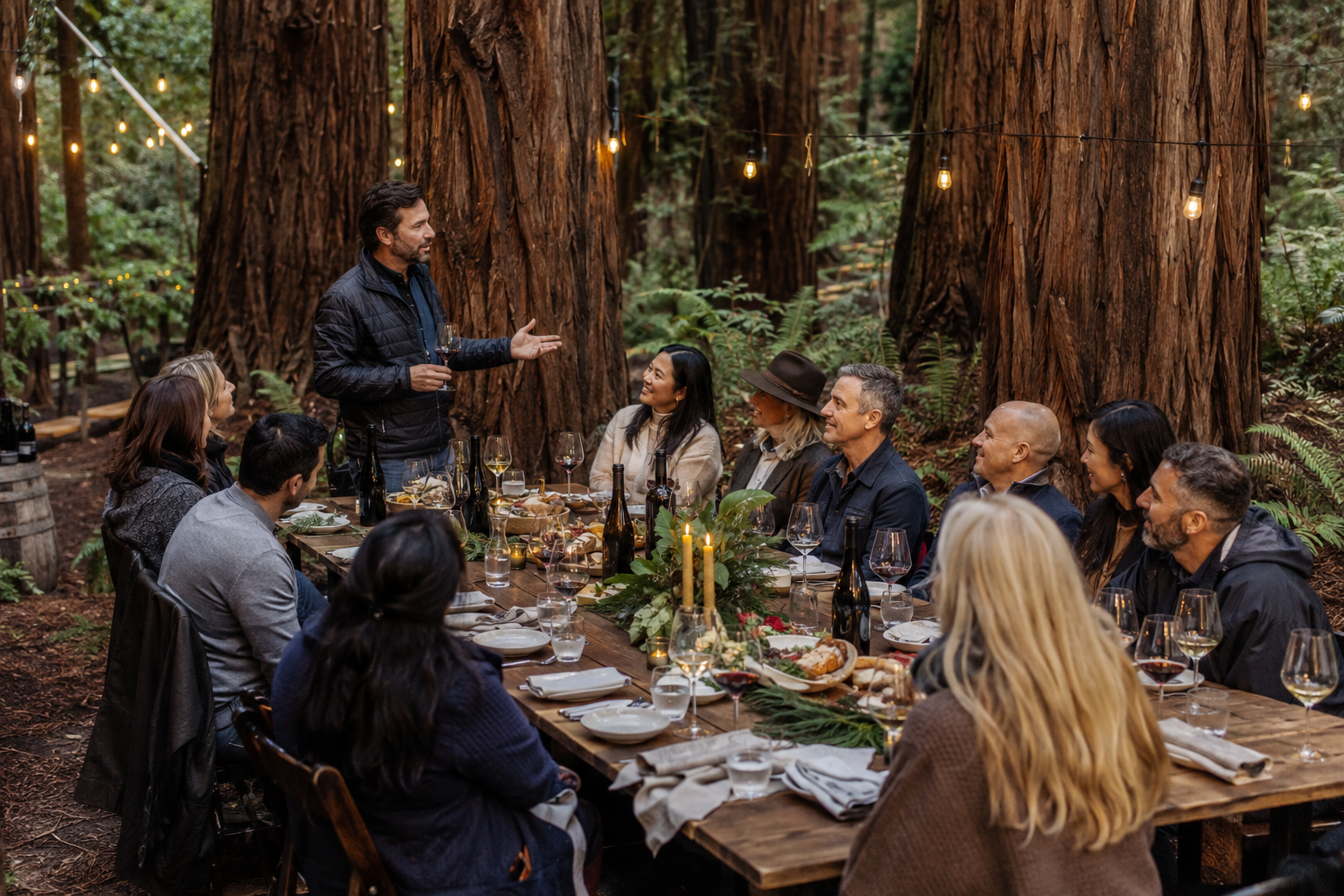 Private holiday group enjoying a guided wine tasting beneath the redwoods at Beauregard Vineyards
